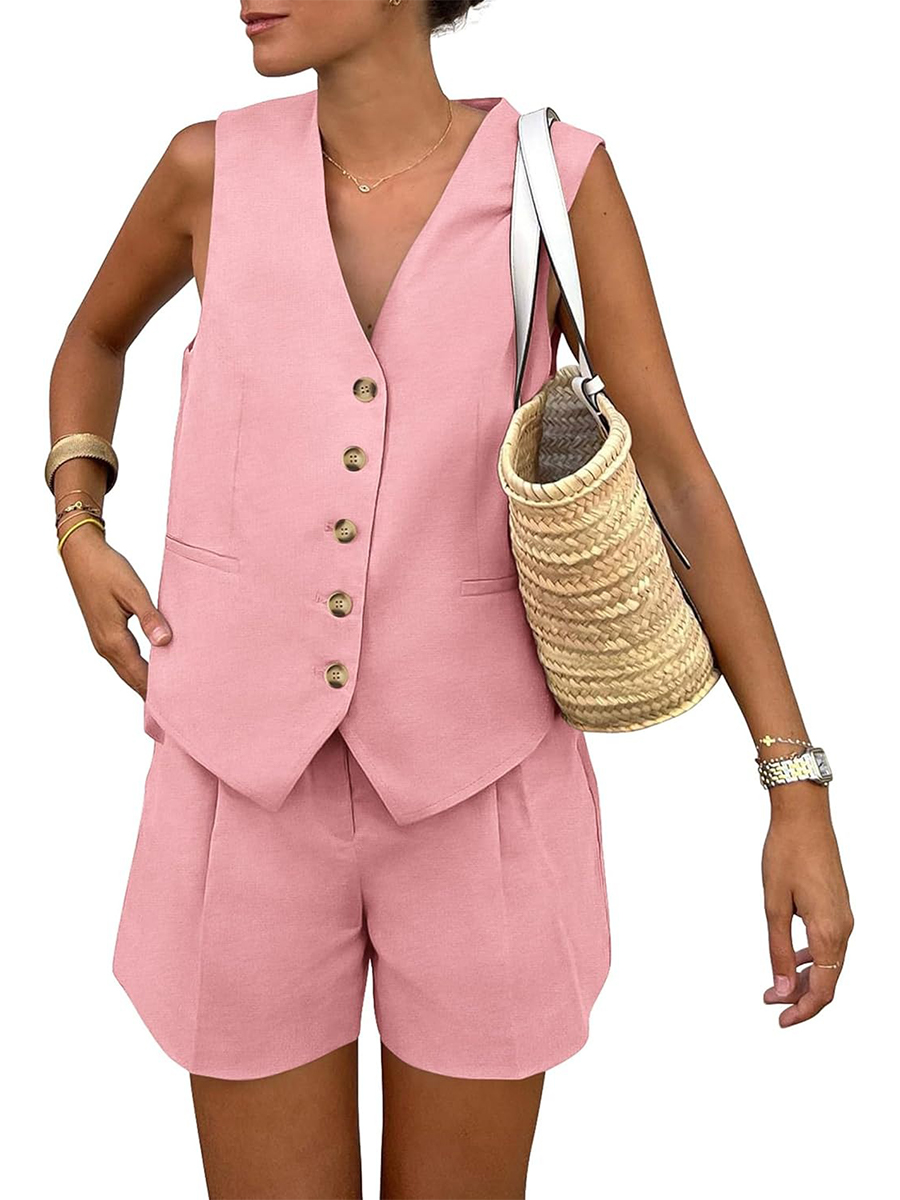 Women's Sleeveless Matching Sets Button Down V Neck Vest Waistcoat and Pockets Shorts