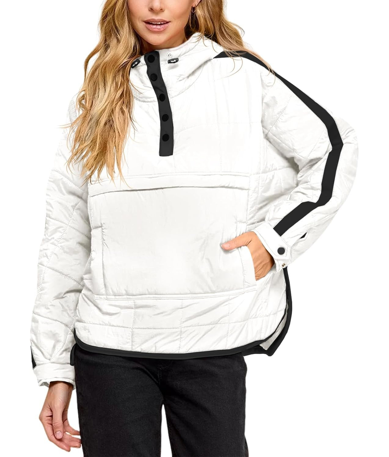 Women's Puffer Quilted Color Block Puffy Pocket Hoodie Jacket
