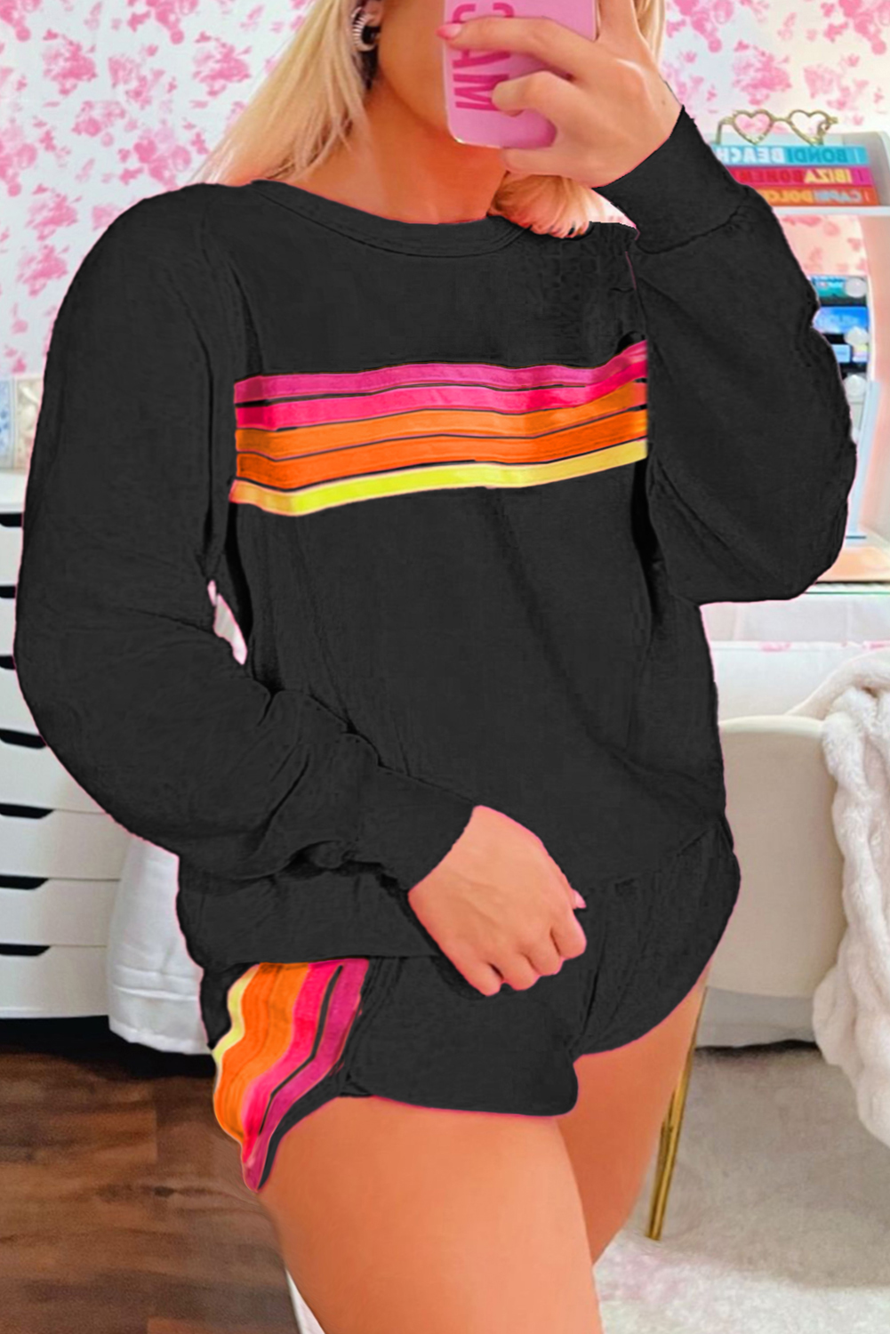 Women's Striped Oversized Sweatshirt Shorts Two-Piece Set