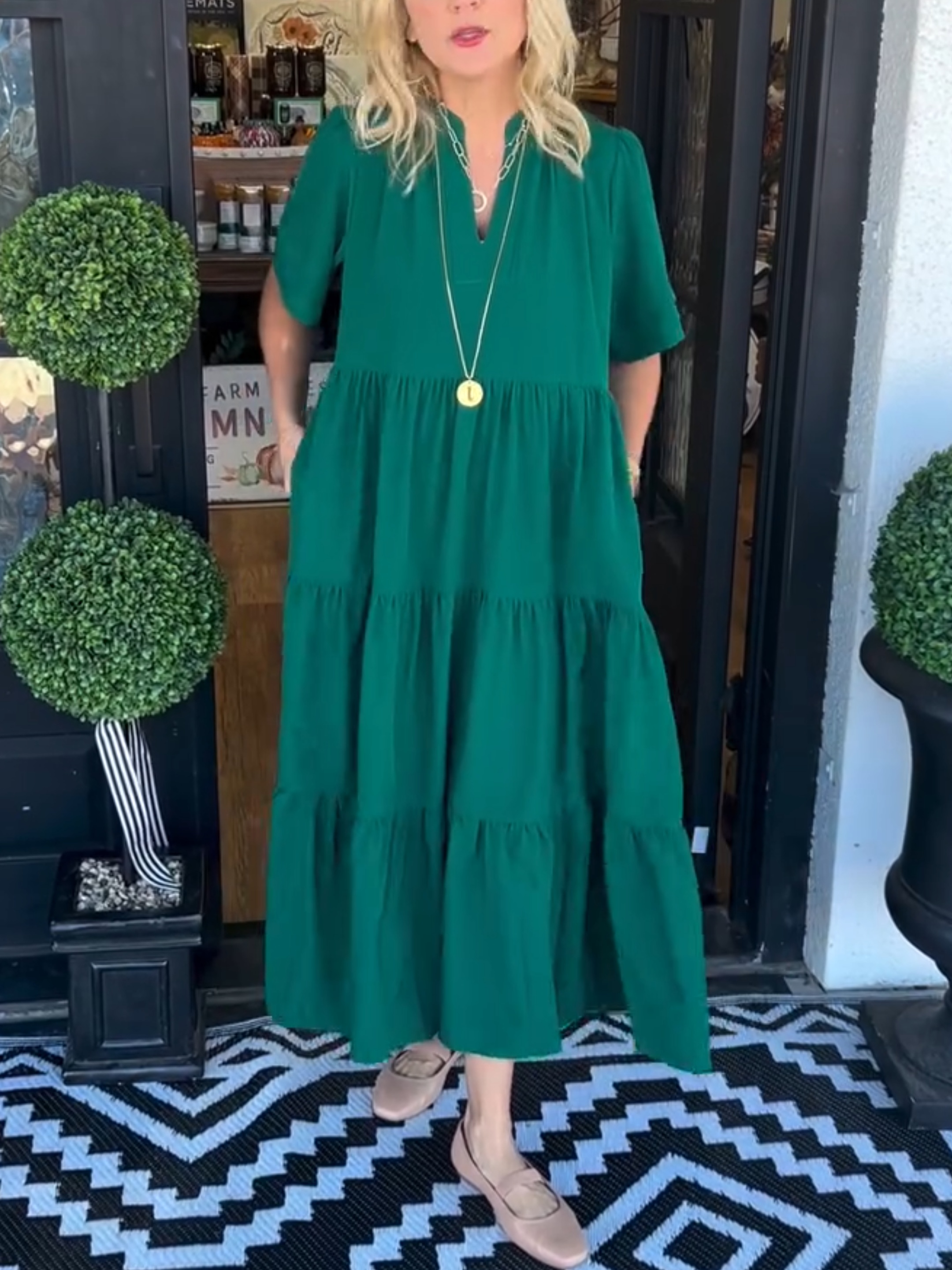 V-Neck Tiered Midi Dress with Pockets (Buy 2 Free Shipping)