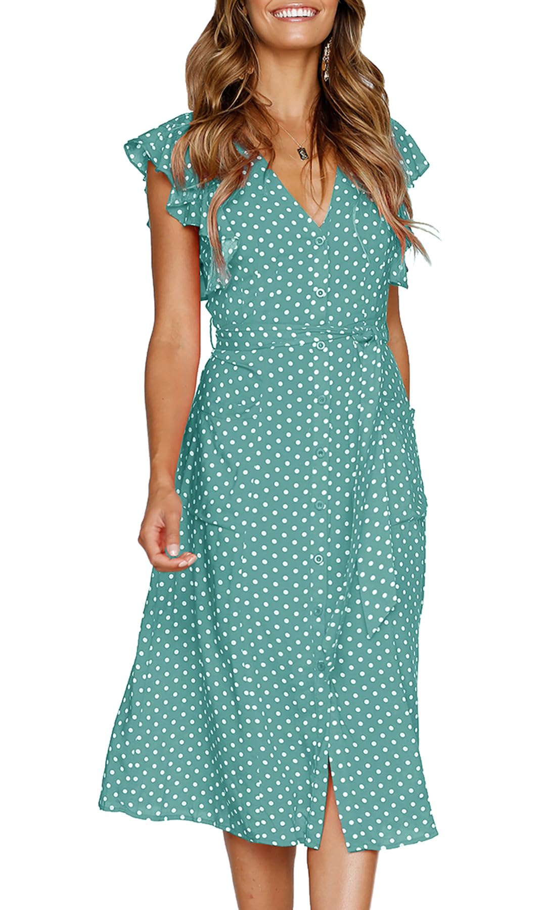 Women's Boho Polka Dot Short Sleeve V Neck Button Down  Midi Dress with Pockets