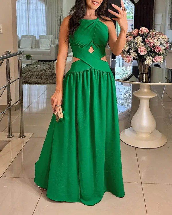 Halter Cut-out Sleeveless Tied Criss Cross Flared Dress