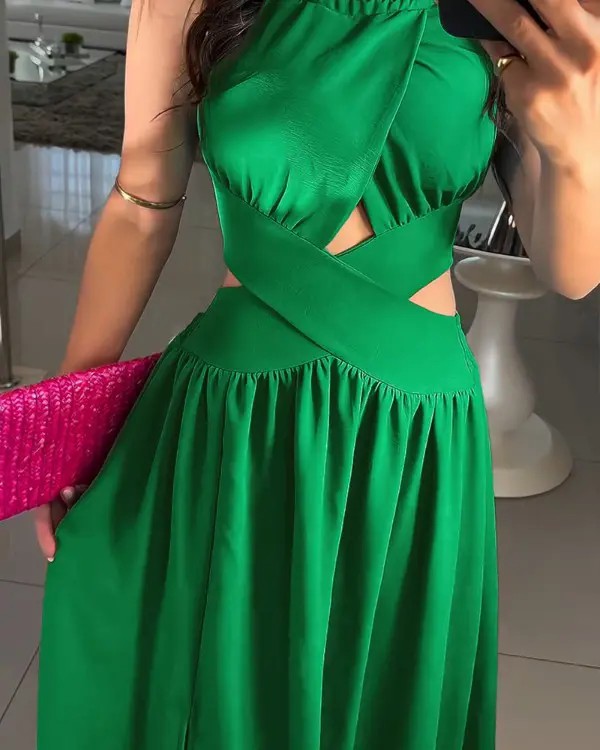 Halter Cut-out Sleeveless Tied Criss Cross Flared Dress