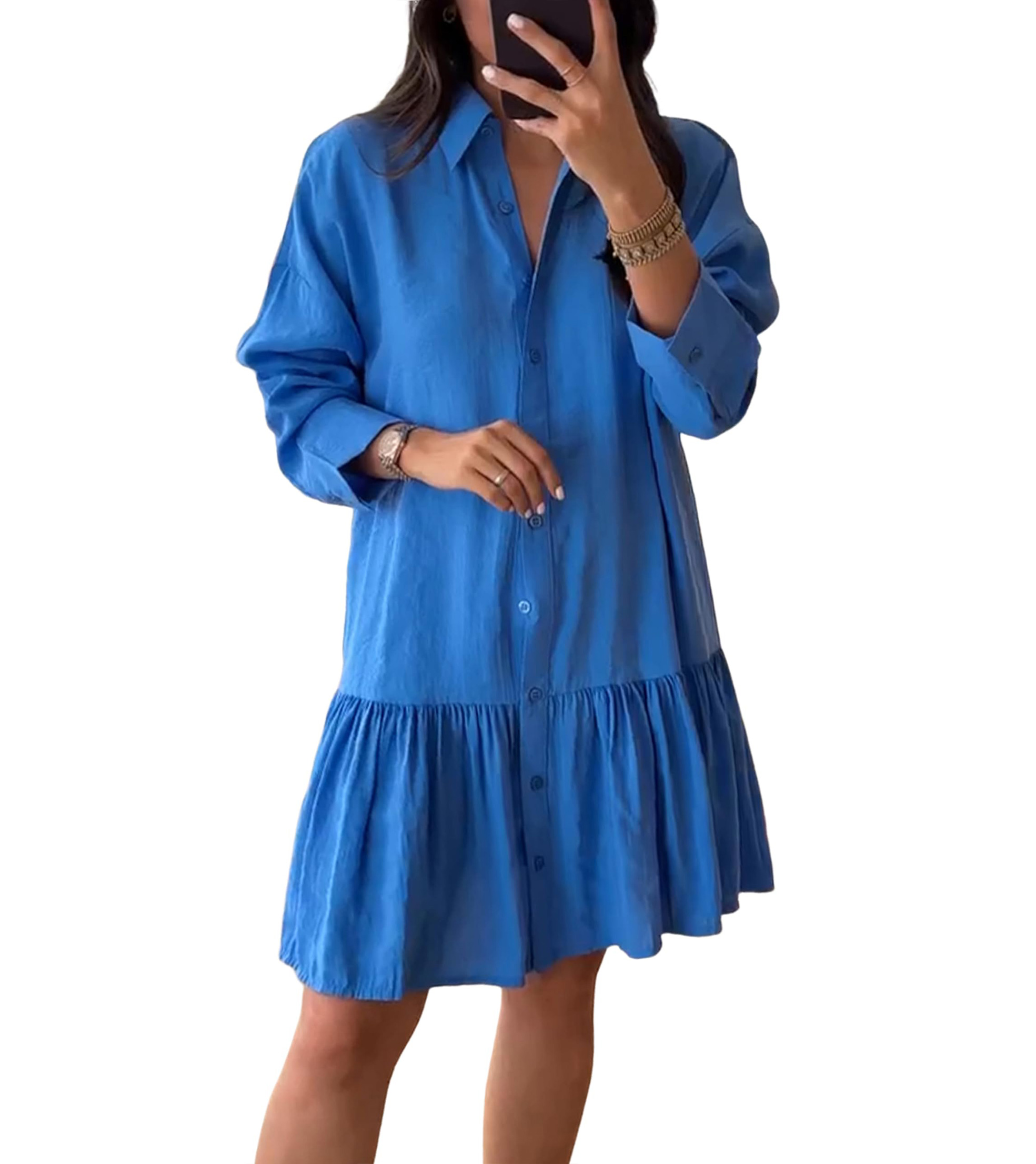 Women's Loose Lapel Collar Long Sleeves Button Down Shirt Dress