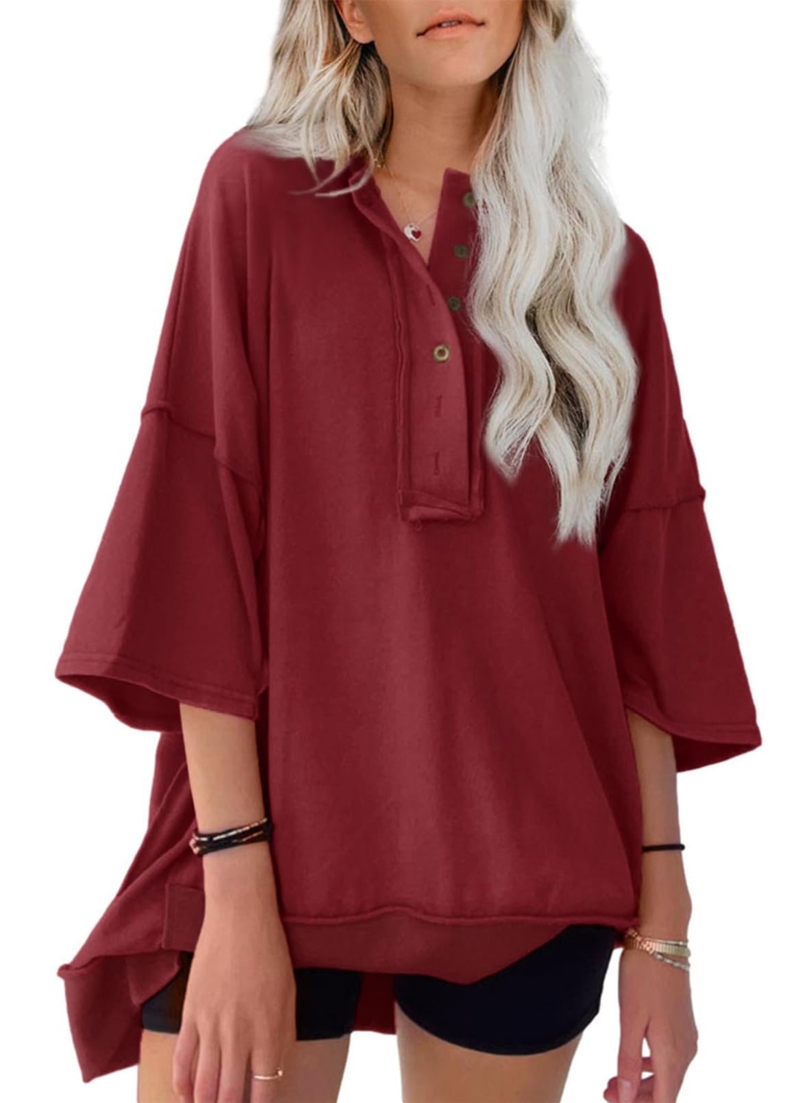 NEW🔥 Women's  Oversized T Shirts Casual Short Sleeve Henley Neck Tees(BUY 2 FREE SHIPPING)