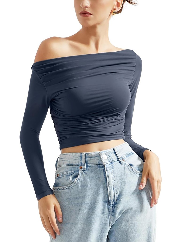 HOT SALE Women's Off Shoulder Ruched Long Sleeve Fitted Crop Tops