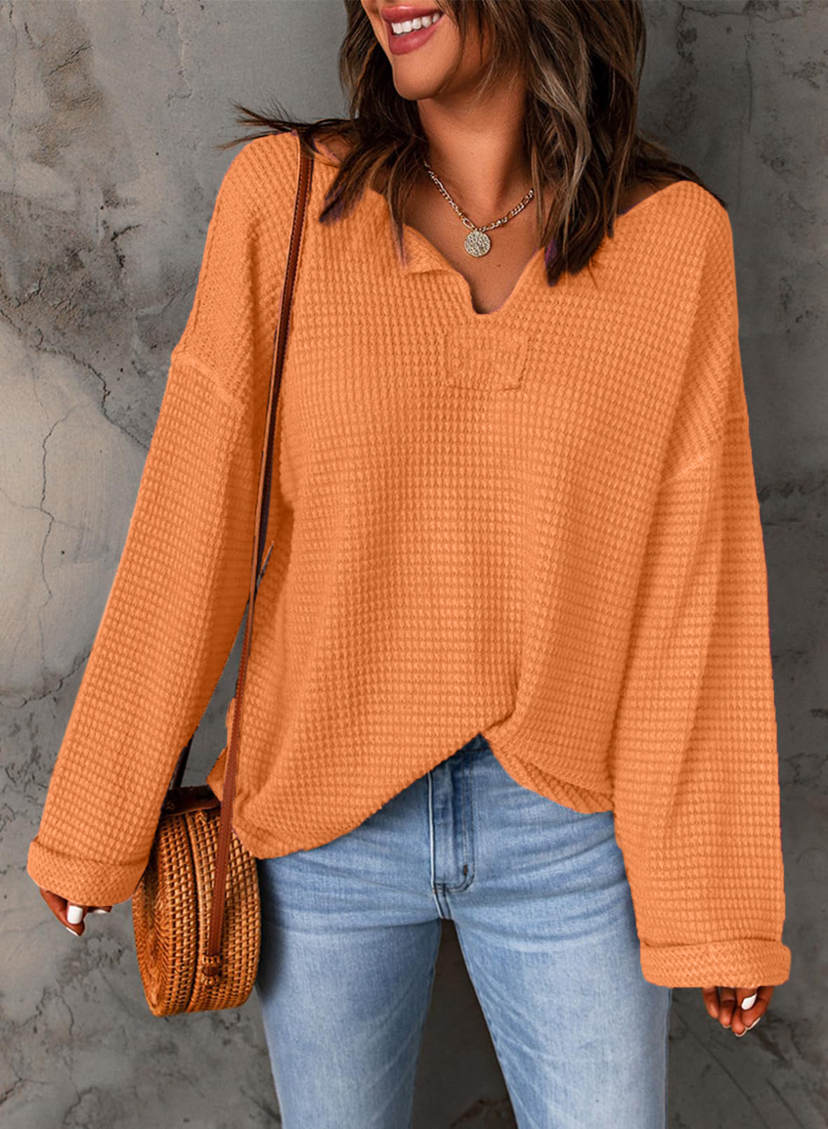 Casual Notched Neck Drop Shoulder Waffle Knit Top