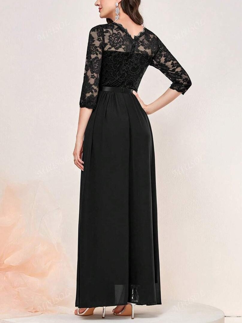 Floral Lace 3/4 Sleeve Bodice Ribbon Pleated Party Maxi Dress