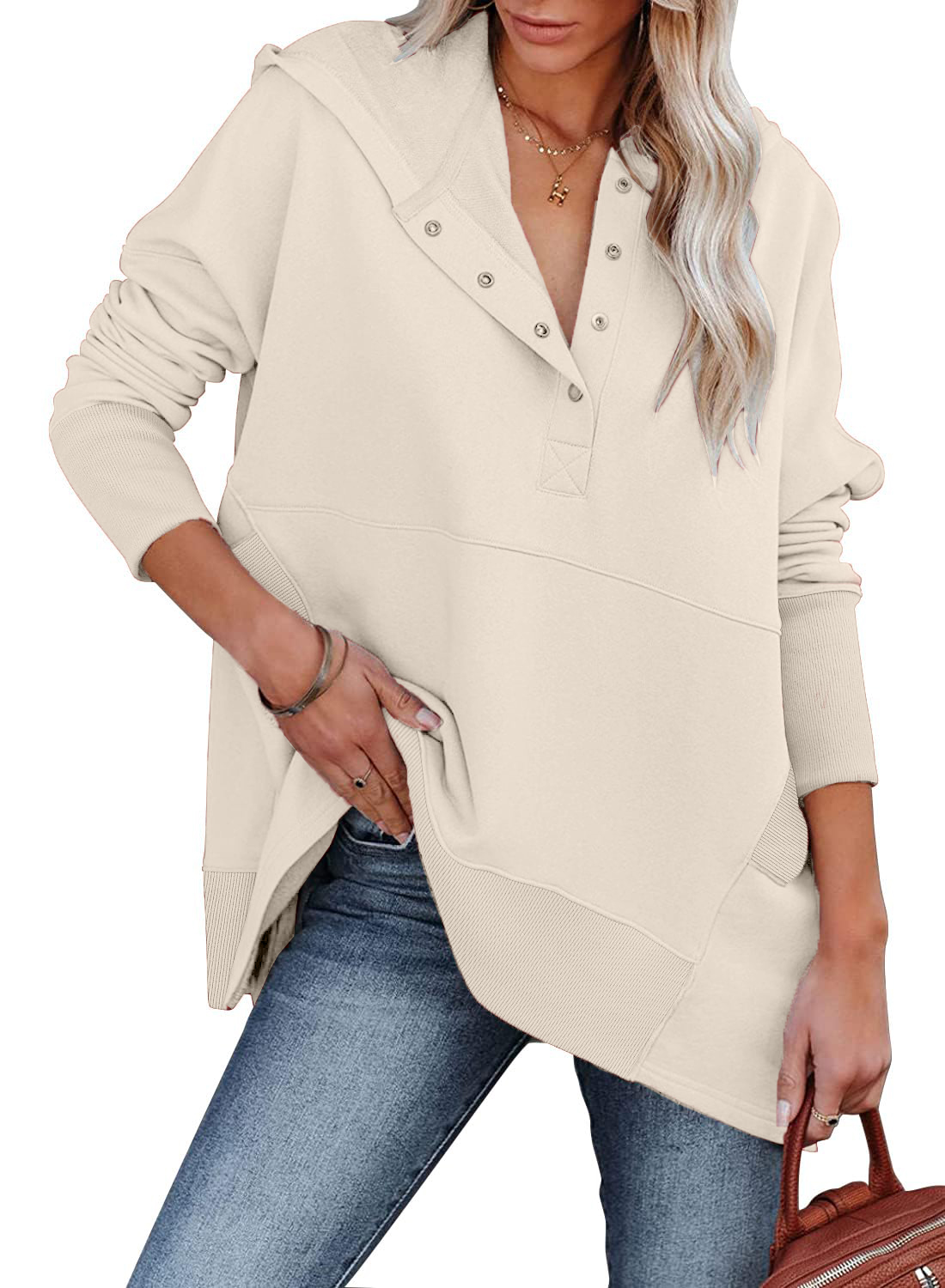 Women's Oversized Button Collar Long Sleeve Sweatshirt With Pocket (BUY 2 10% OFF)