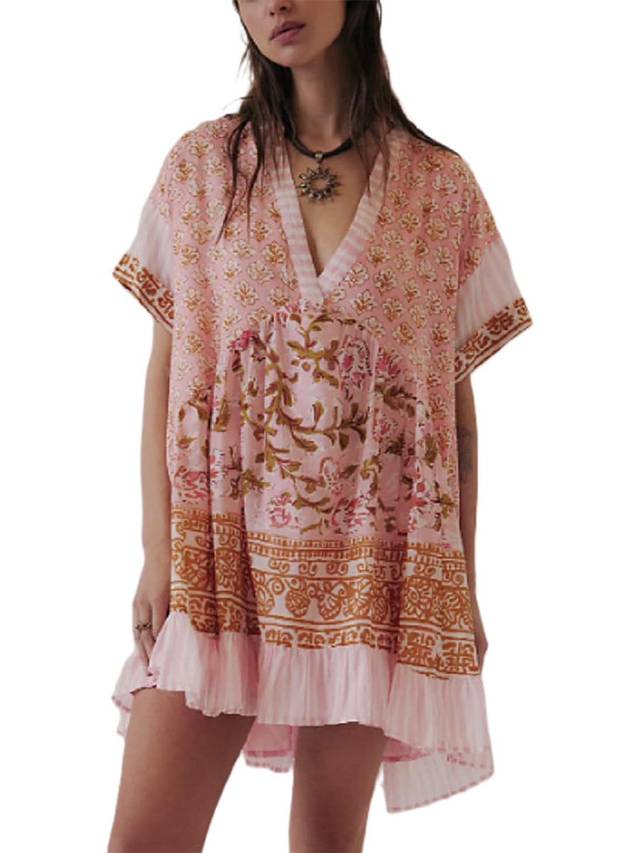 Women's V-Neck Printed Flowing Short Sleeve Mini Dress