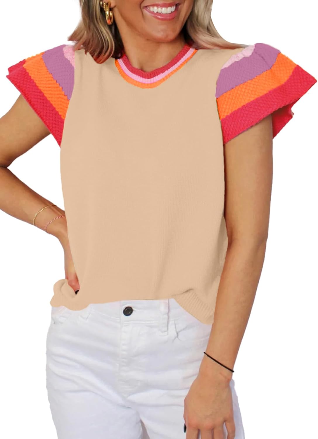 Women’s Casual Knit Pullover with Colorful Cap Sleeves(buy 2 free shipping!!!)
