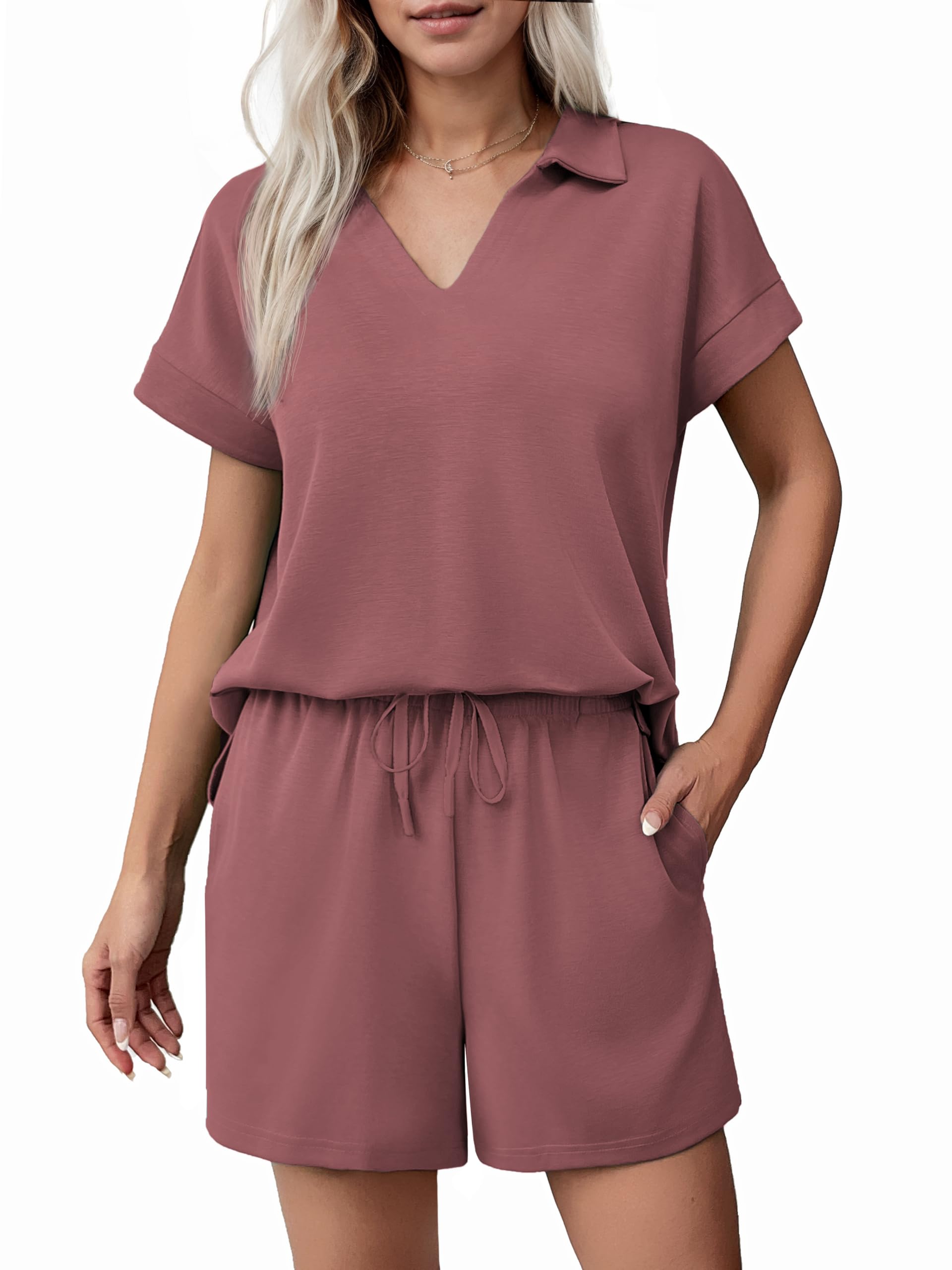Women Summer Lounge Sets Short Sleeve Sweatshirt V-neck Tops and Drawstring Shorts Outfits Tracksuit (BUY 2 FREE SHIPPING!!!)