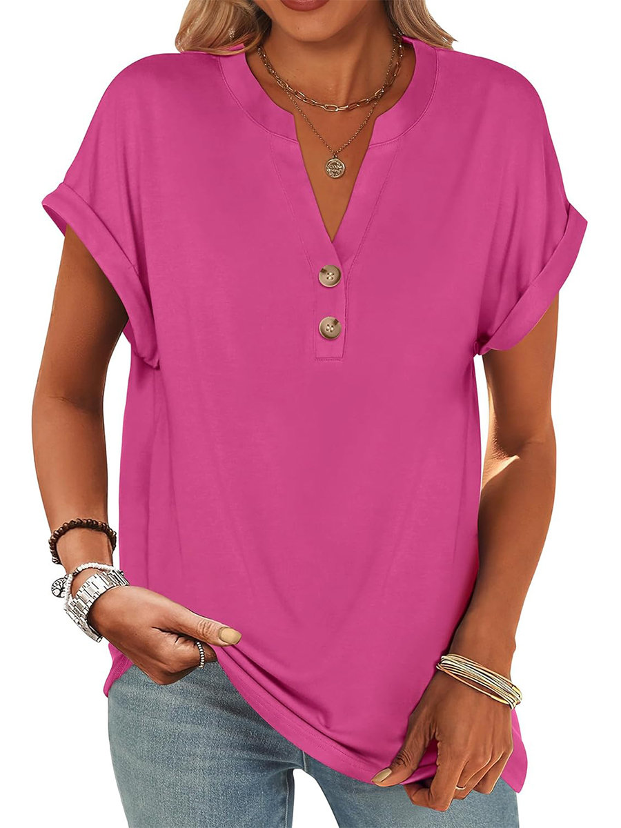 Women's V Neck Button Casual Loose Fit Short Sleeve Shirts Henley Tops