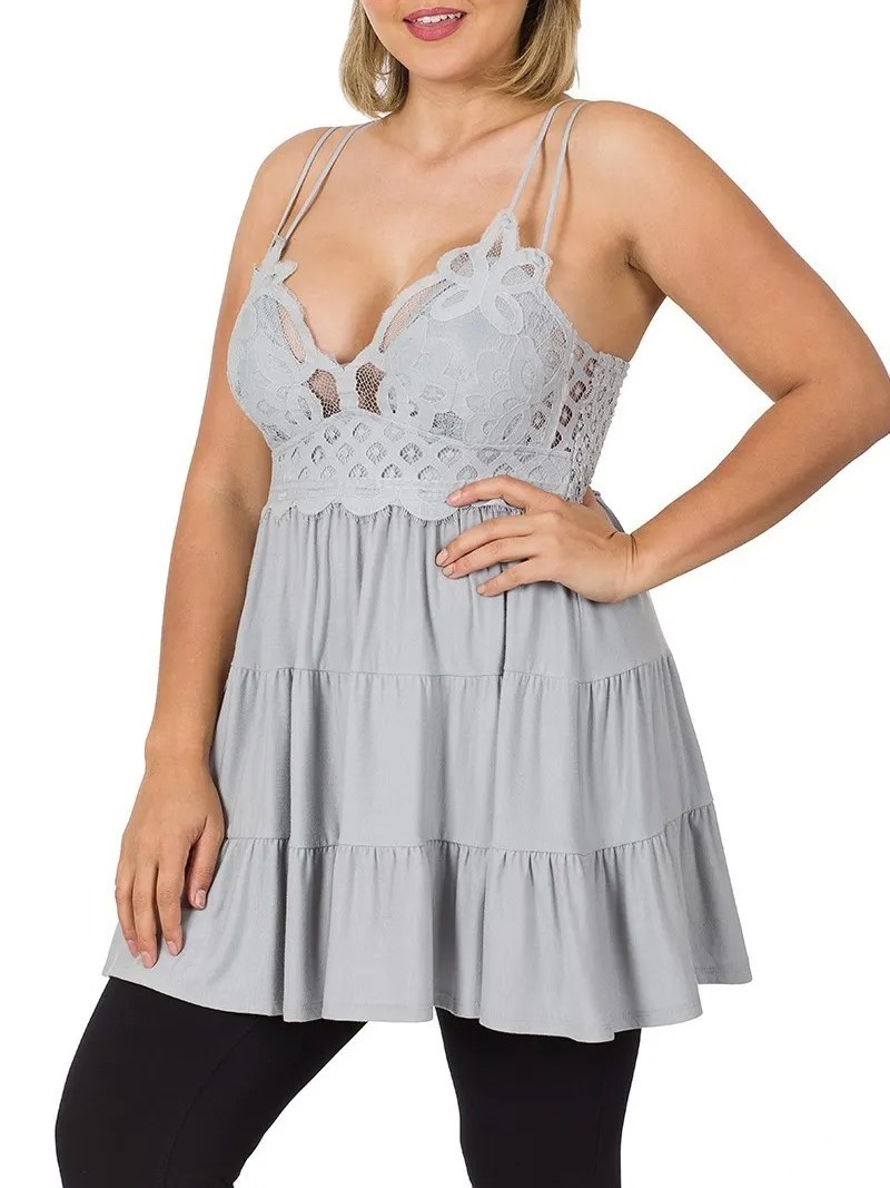 Women's Crochet Lace Ruffle Cami Tiered Ruffle Dress with Pads