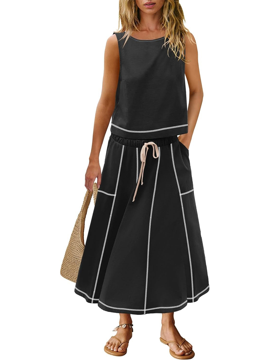 Women's Casual Seam Tank Top and Drawsting Pockets Skirt 2 Piece Set