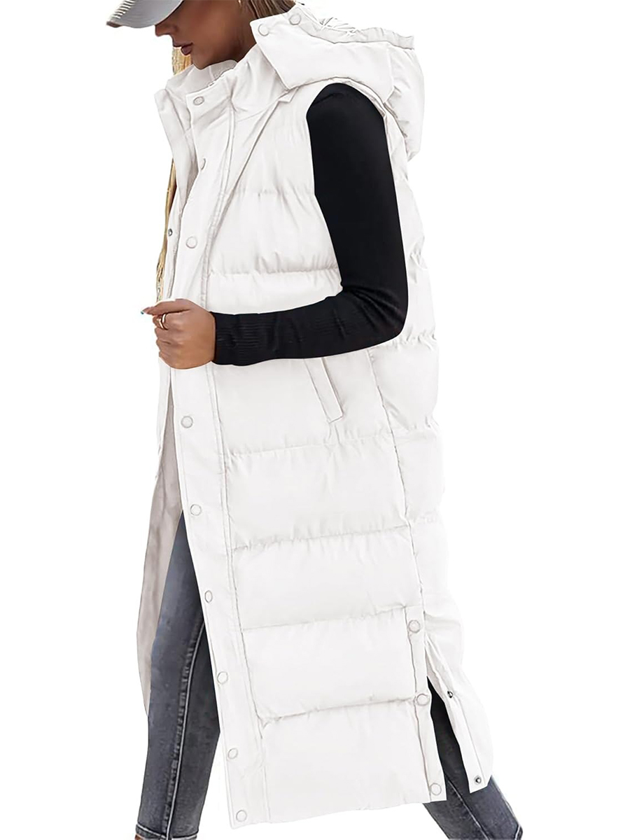 Women's Hooded Button Zipper Long Puffer Vest Jacket Coat