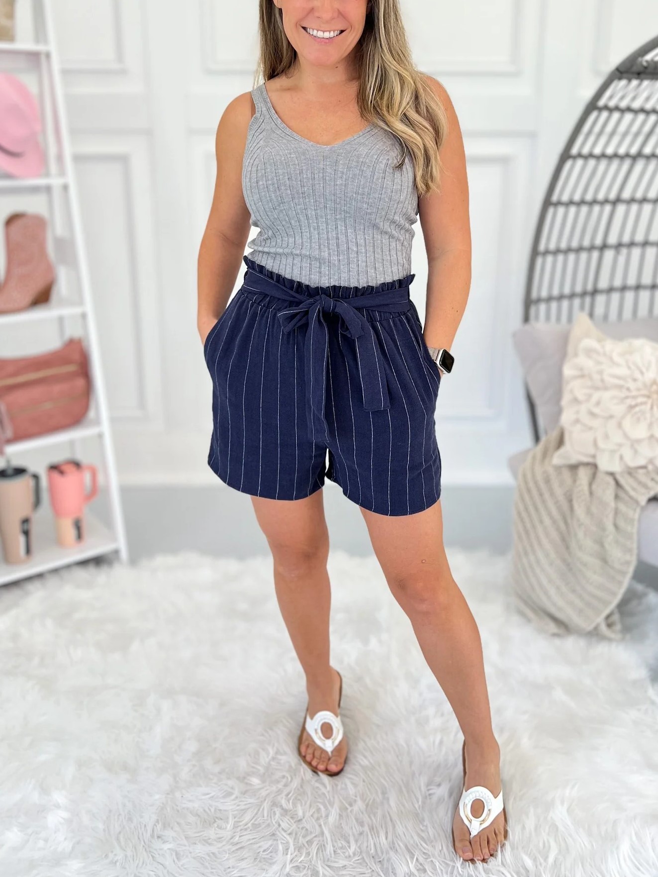 Women's High waist Elastic Tie Striped Solid Pocket Shorts