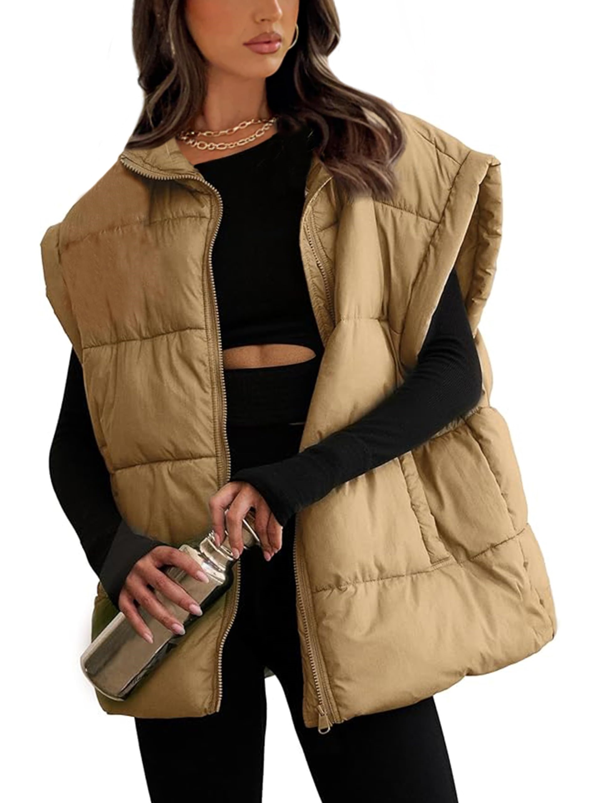 Women's Oversized Stand Collar Puffer Vest Lightweight with Pockets