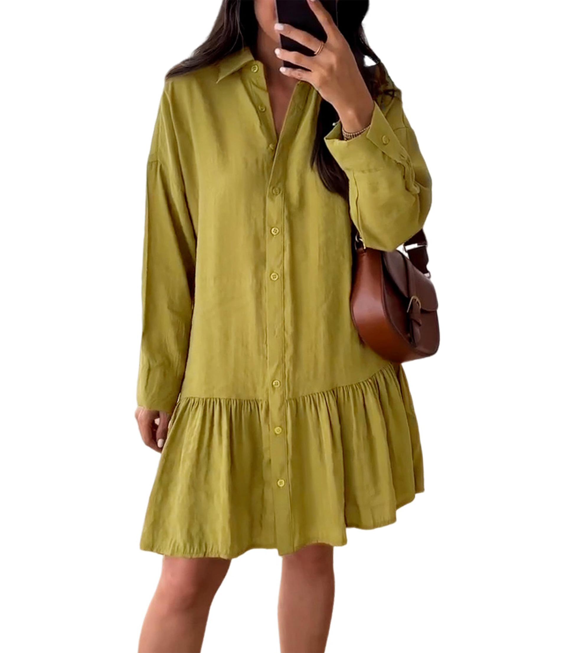 Women's Loose Lapel Collar Long Sleeves Button Down Shirt Dress