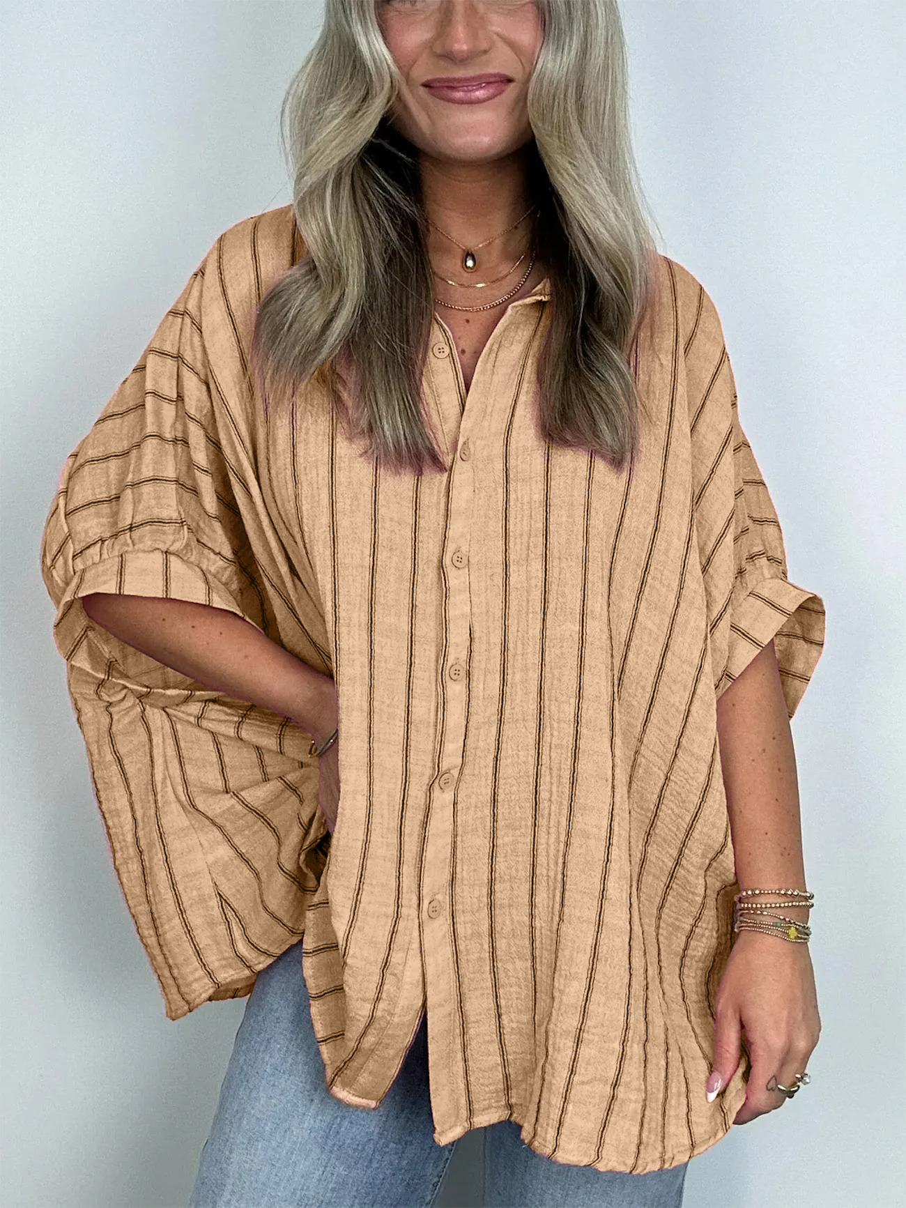 2024 Popular Oversized Striped Button Down Top Shirt jacket(50% OFF🔥)