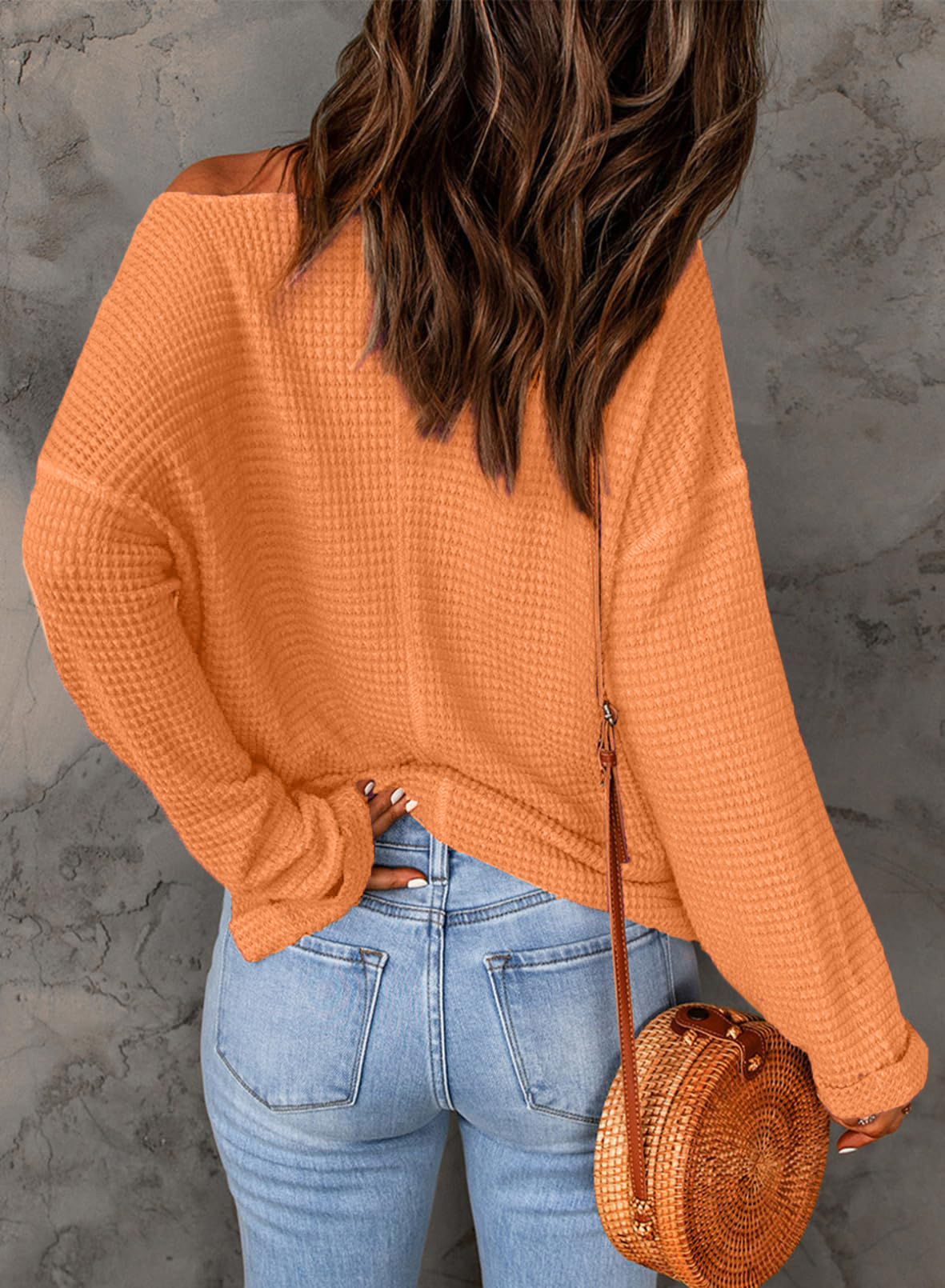 Casual Notched Neck Drop Shoulder Waffle Knit Top