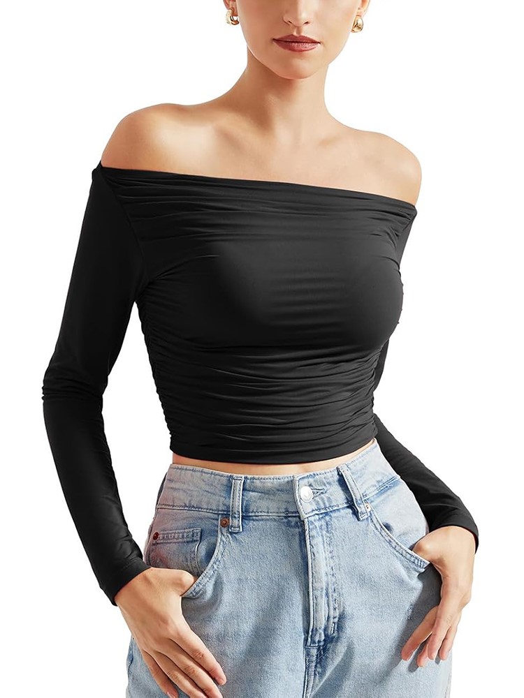 HOT SALE Women's Off Shoulder Ruched Long Sleeve Fitted Crop Tops