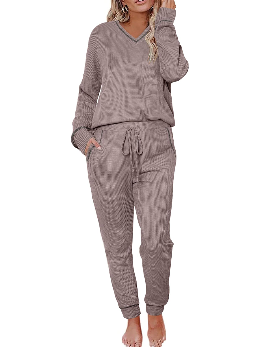 Women's V Neck Waffle Knit Sleepwear Top and Pant Lounge Sets
