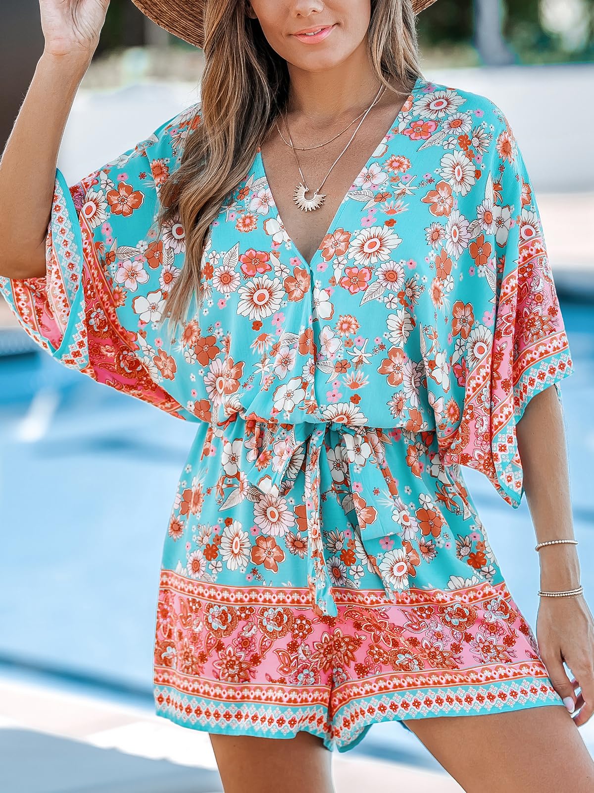 Women's Lace Up Print Romper Short Sleeves Jumpsuits Wide leg Outfit (buy 2 free shipping!!!)