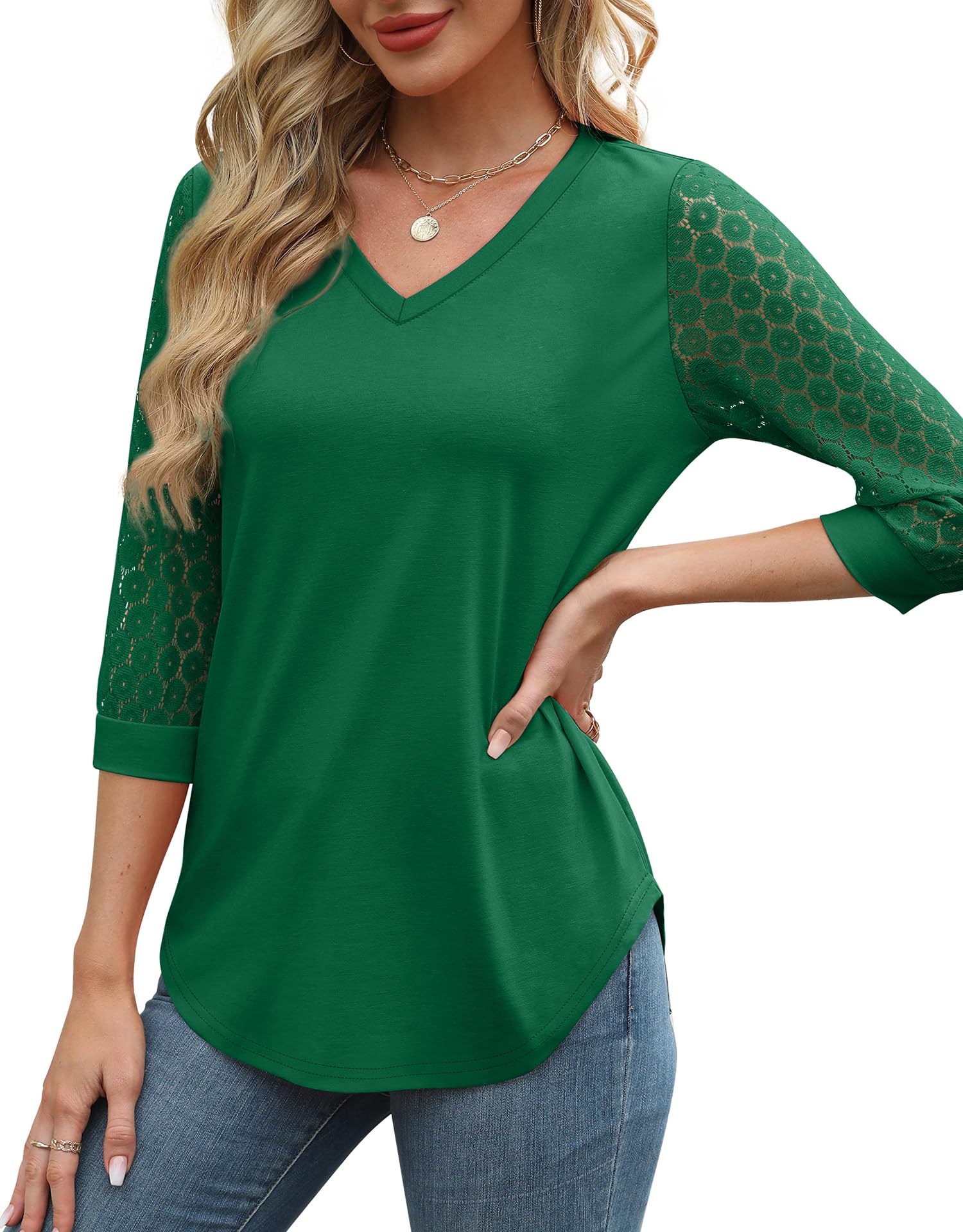 3/4 Length Sleeve Womens Tops V-Neck Lace Tunic Tops Business Casual Blouses (BUY 3 FREE SHIPPING)