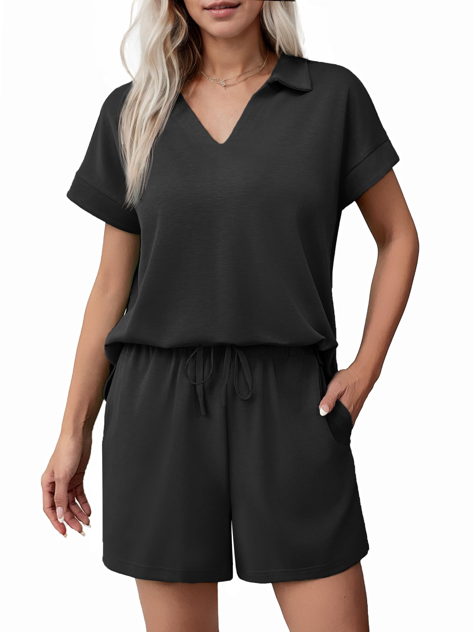 Women Summer Lounge Sets Short Sleeve Sweatshirt V-neck Tops and Drawstring Shorts Outfits Tracksuit (BUY 2 FREE SHIPPING!!!)