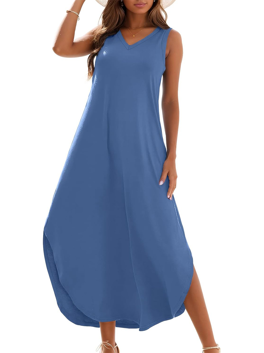Women's Summer Casual Loose Sleeveless V Neck Split Tank Long Dress with Pockets