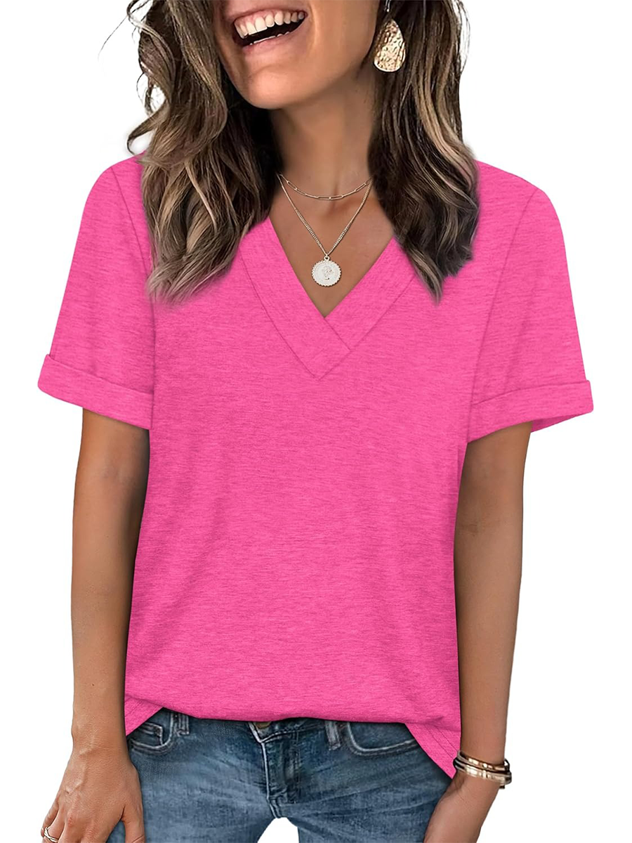 Women's Summer V Neck Short Sleeve Basic Casual T-shirt
