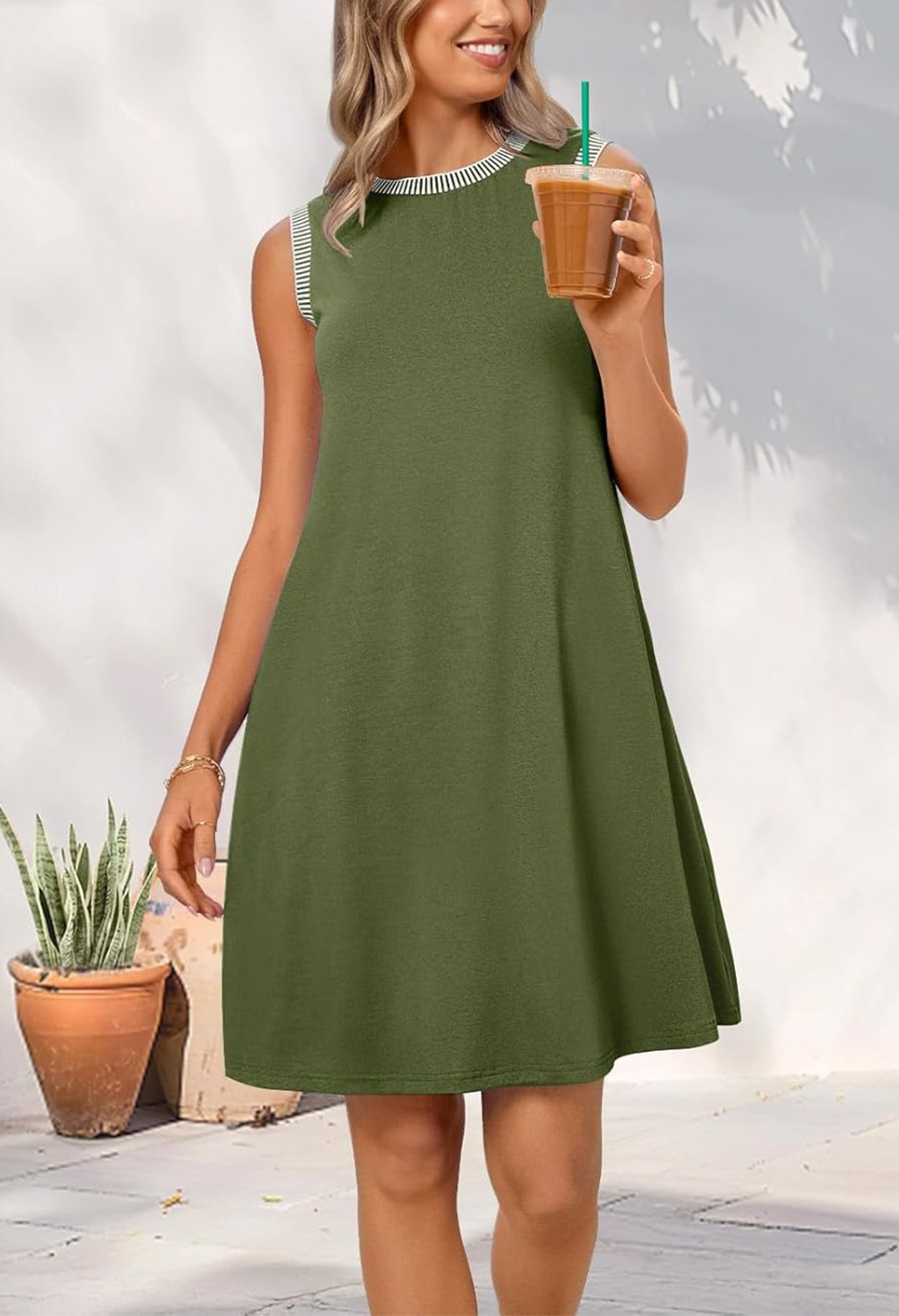 Women's Casual Crewneck Striped Trim Sleeveless Tank Mini Dress