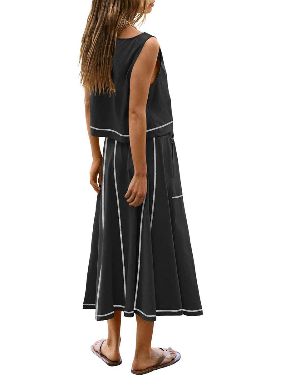 Women's Casual Seam Tank Top and Drawsting Pockets Skirt 2 Piece Set