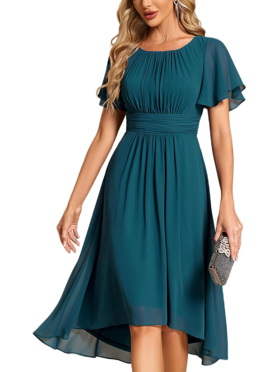 Women's Crew Neck Pleated Ruffle Short Sleeve Dress