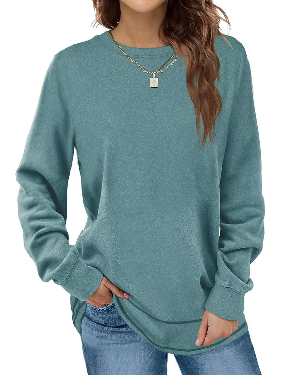 HOT SALE Women's Crewneck Long Sleeve Sweatshirt Curved Hem Tunic Tops