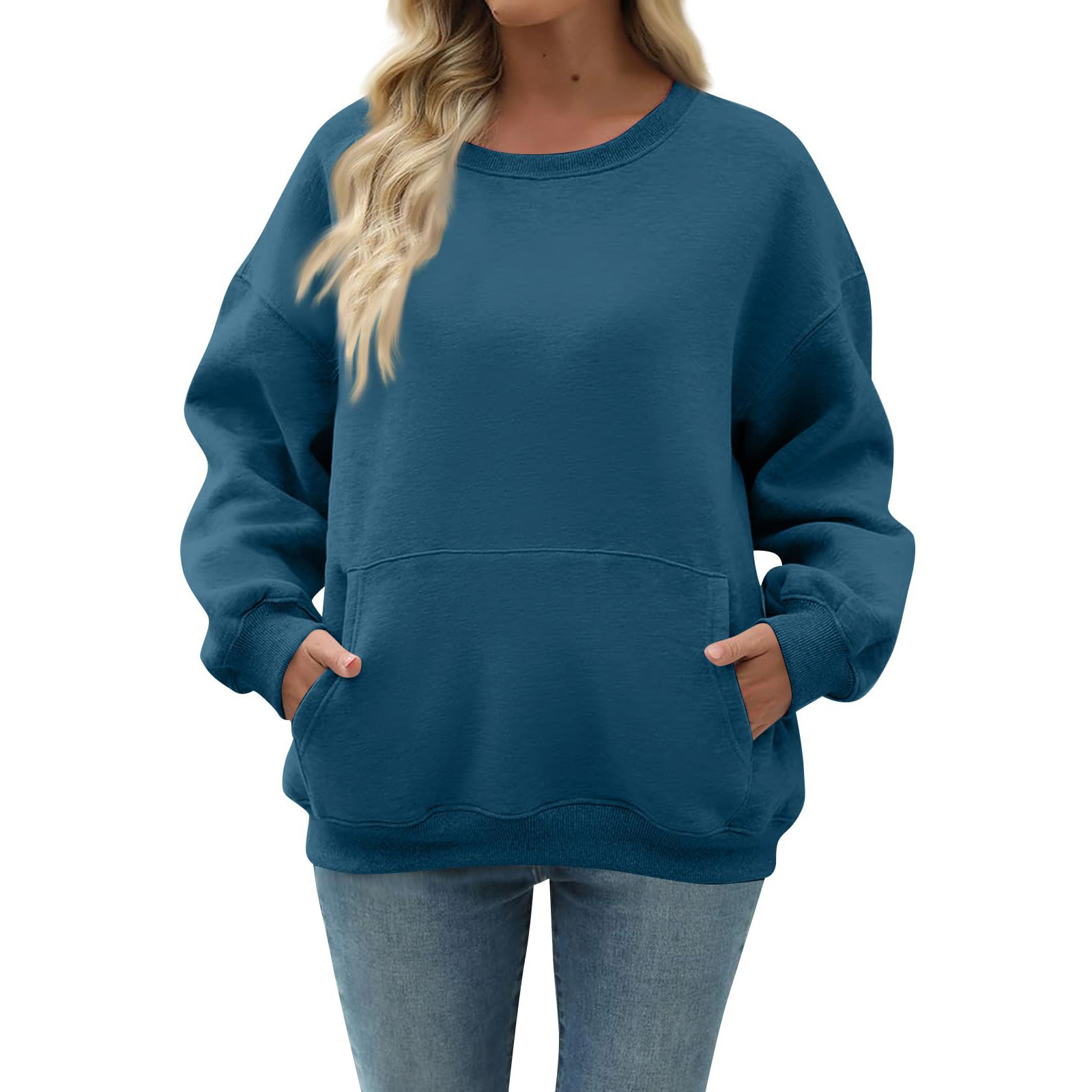 HOT SALE Women'S Oversized Long Sleeve Crewneck Sweatshirt with Pocket