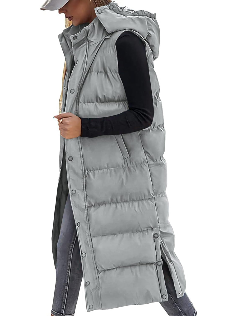 Women's Hooded Button Zipper Long Puffer Vest Jacket Coat
