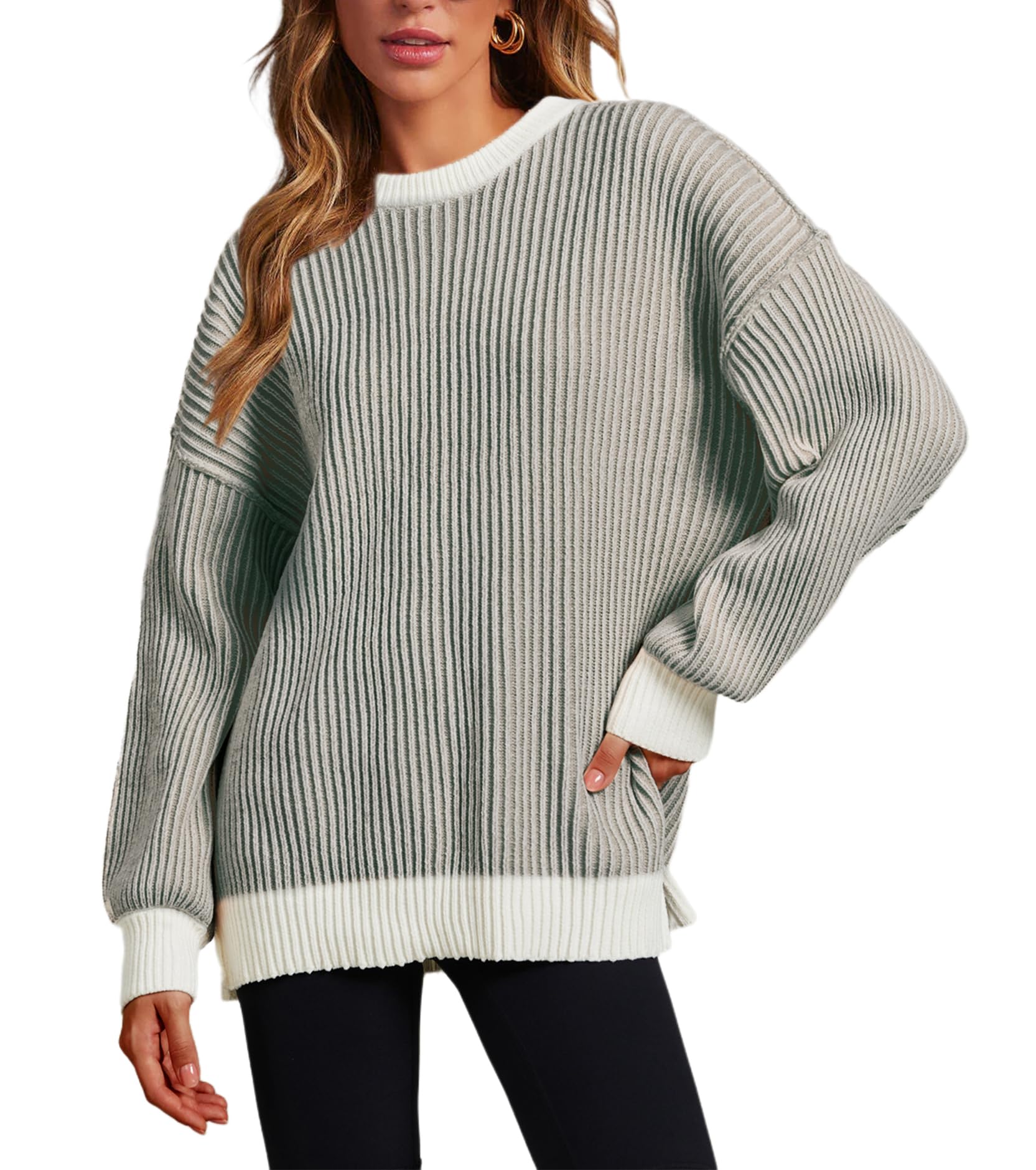 Women Striped Round Neck Rib Knit Blouse Sweater