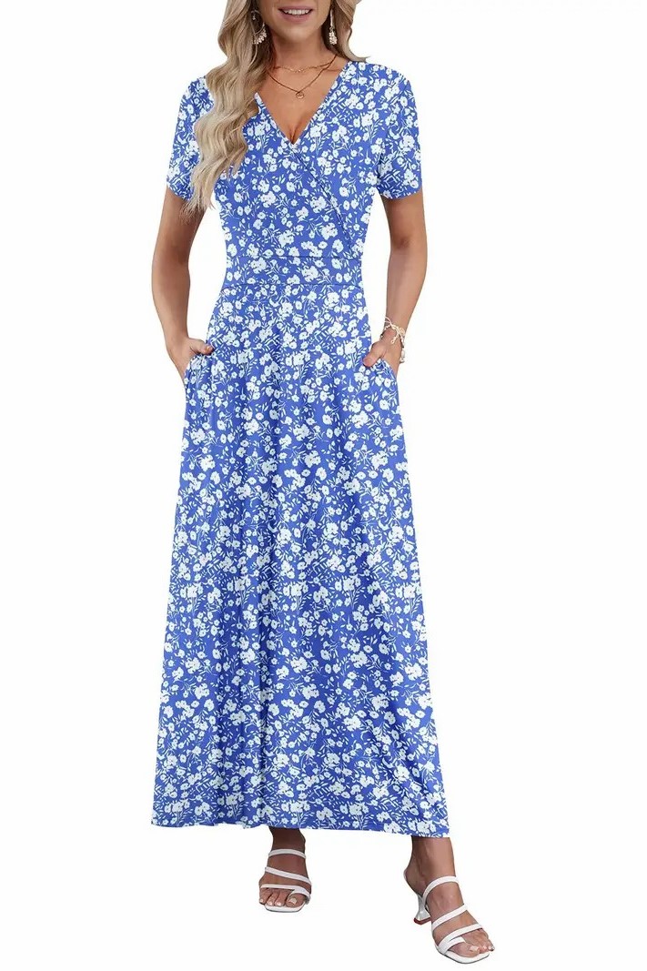Women's V Neck Floral Print Beach Long Flowy Dress with Pockets