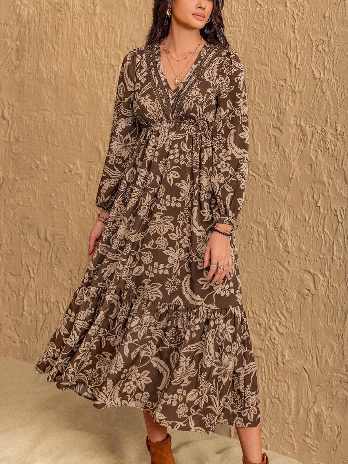 Women's Bohemian Floral V-Neck Long Sleeve Maxi Dress