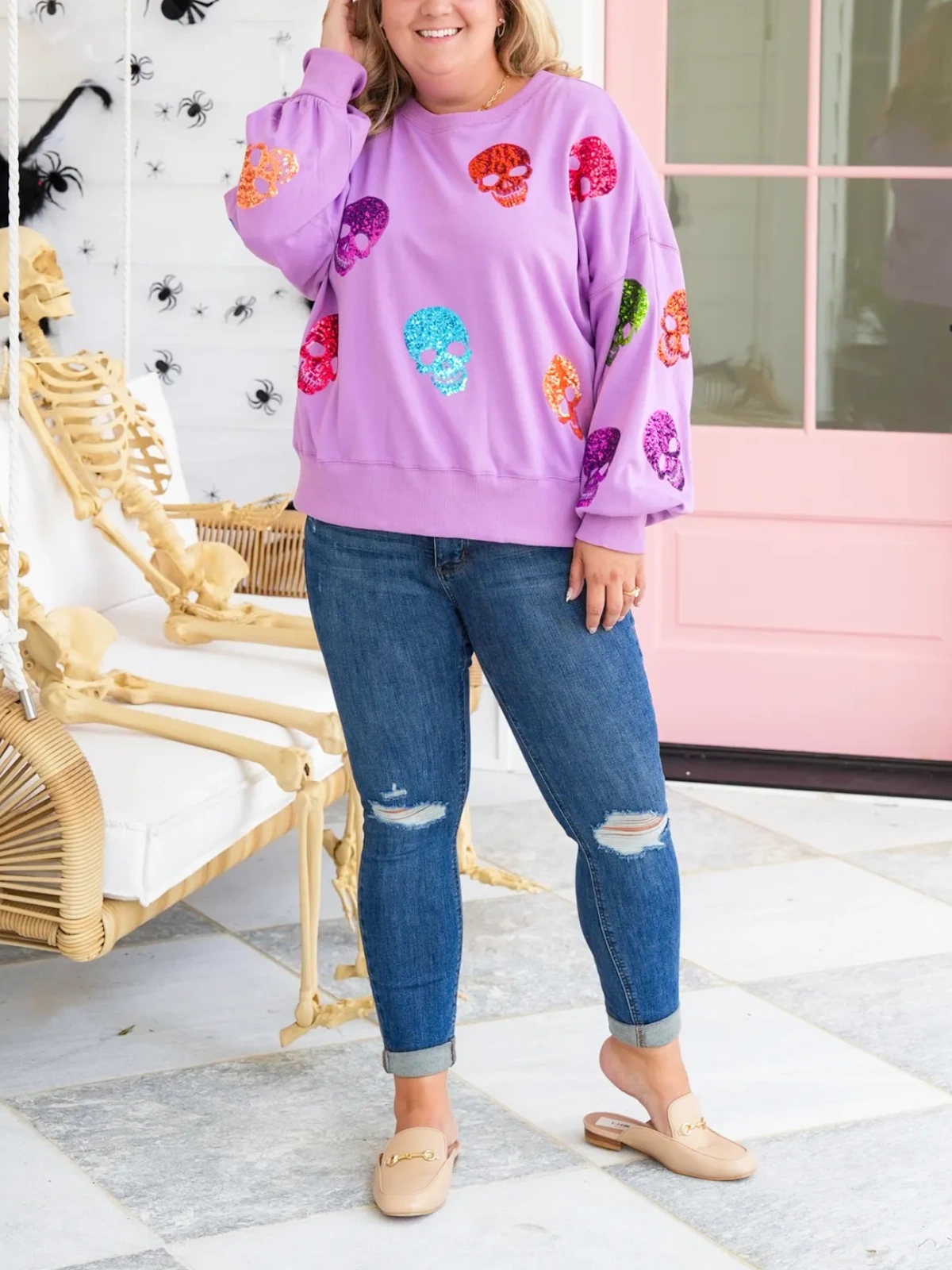 Multi Colored Sequin Skulls Sweatshirt (Buy 2 Free Shipping)