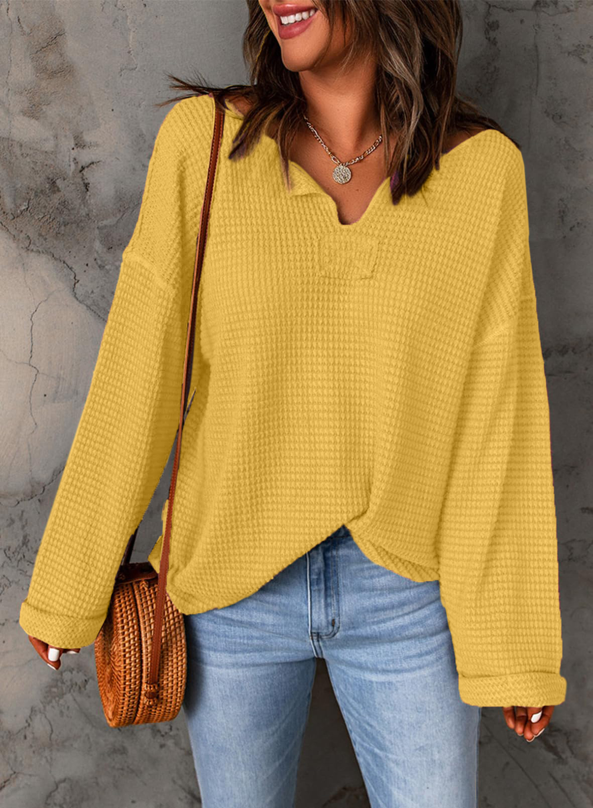Casual Notched Neck Drop Shoulder Waffle Knit Top
