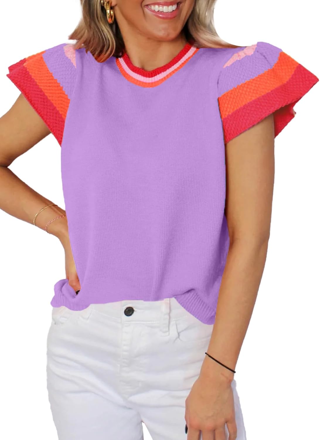 Women’s Casual Knit Pullover with Colorful Cap Sleeves(buy 2 free shipping!!!)