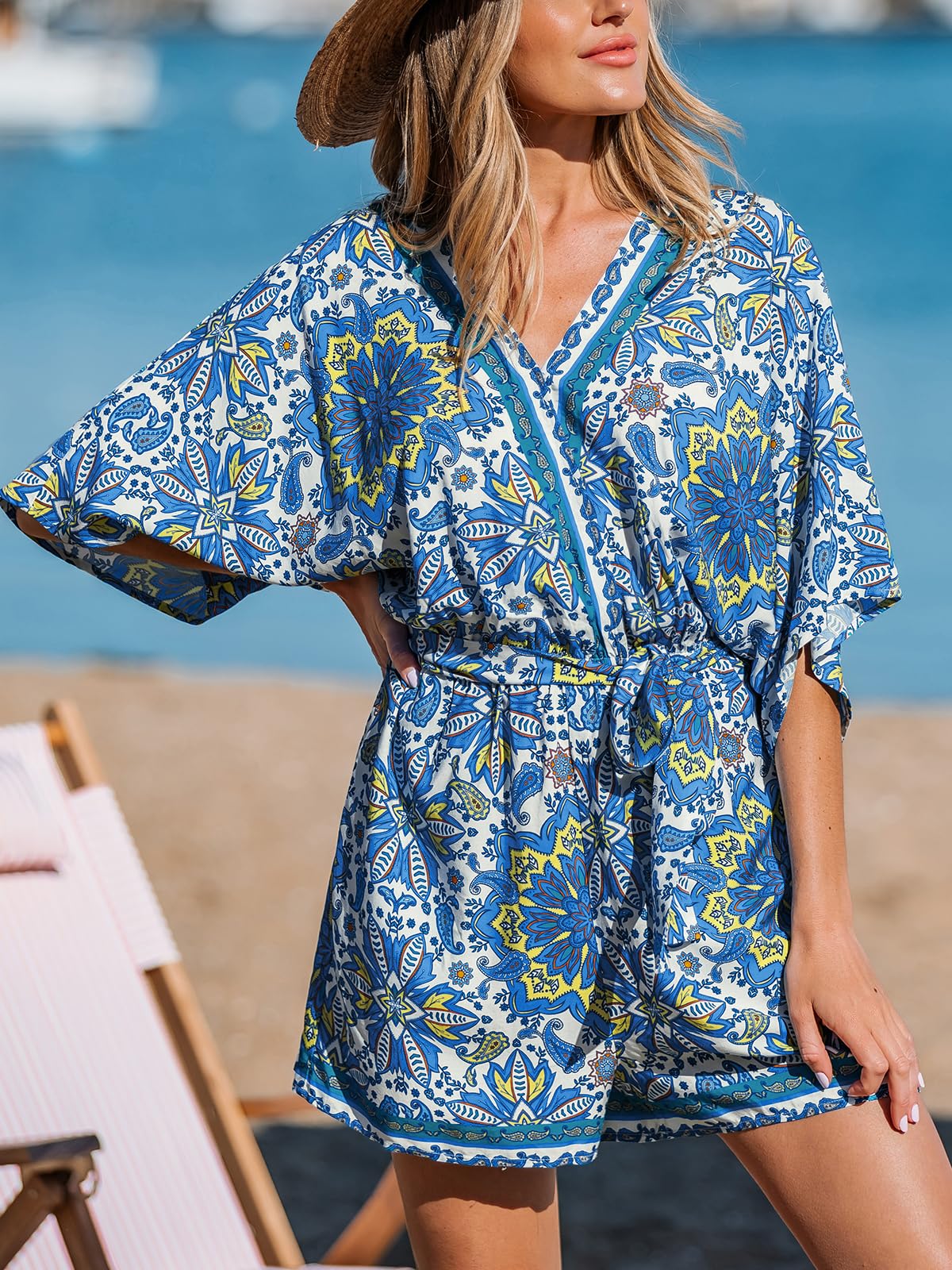 Women's Lace Up Print Romper Short Sleeves Jumpsuits Wide leg Outfit (buy 2 free shipping!!!)