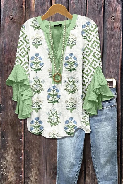 Women's Mixed Floral Print Ruffle Bell Sleeve Top(BUY 2 FREE SHIPPING)