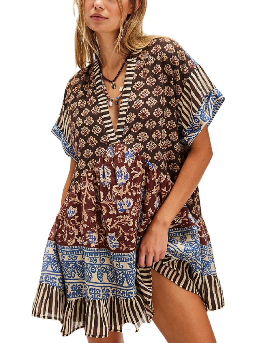Women's V-Neck Printed Flowing Short Sleeve Mini Dress