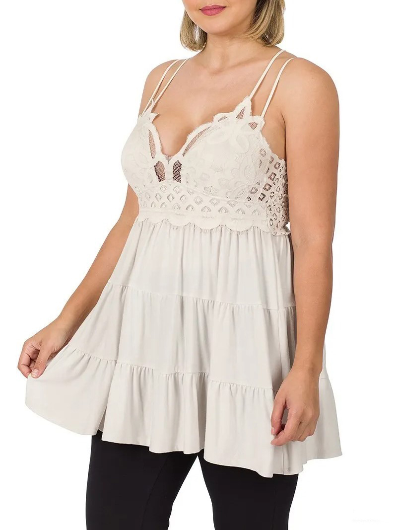 Women's Crochet Lace Ruffle Cami Tiered Ruffle Dress with Pads