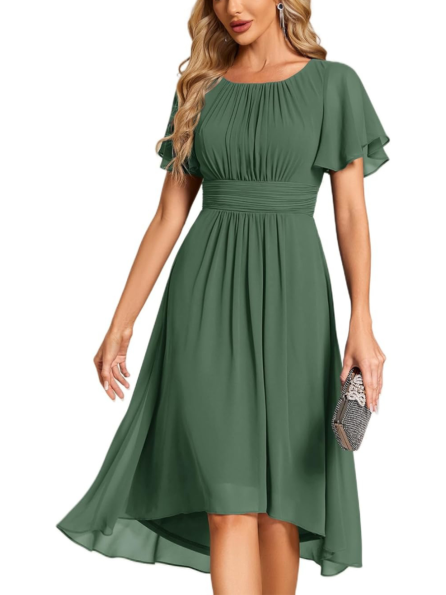Women's Crew Neck Pleated Ruffle Short Sleeve Dress