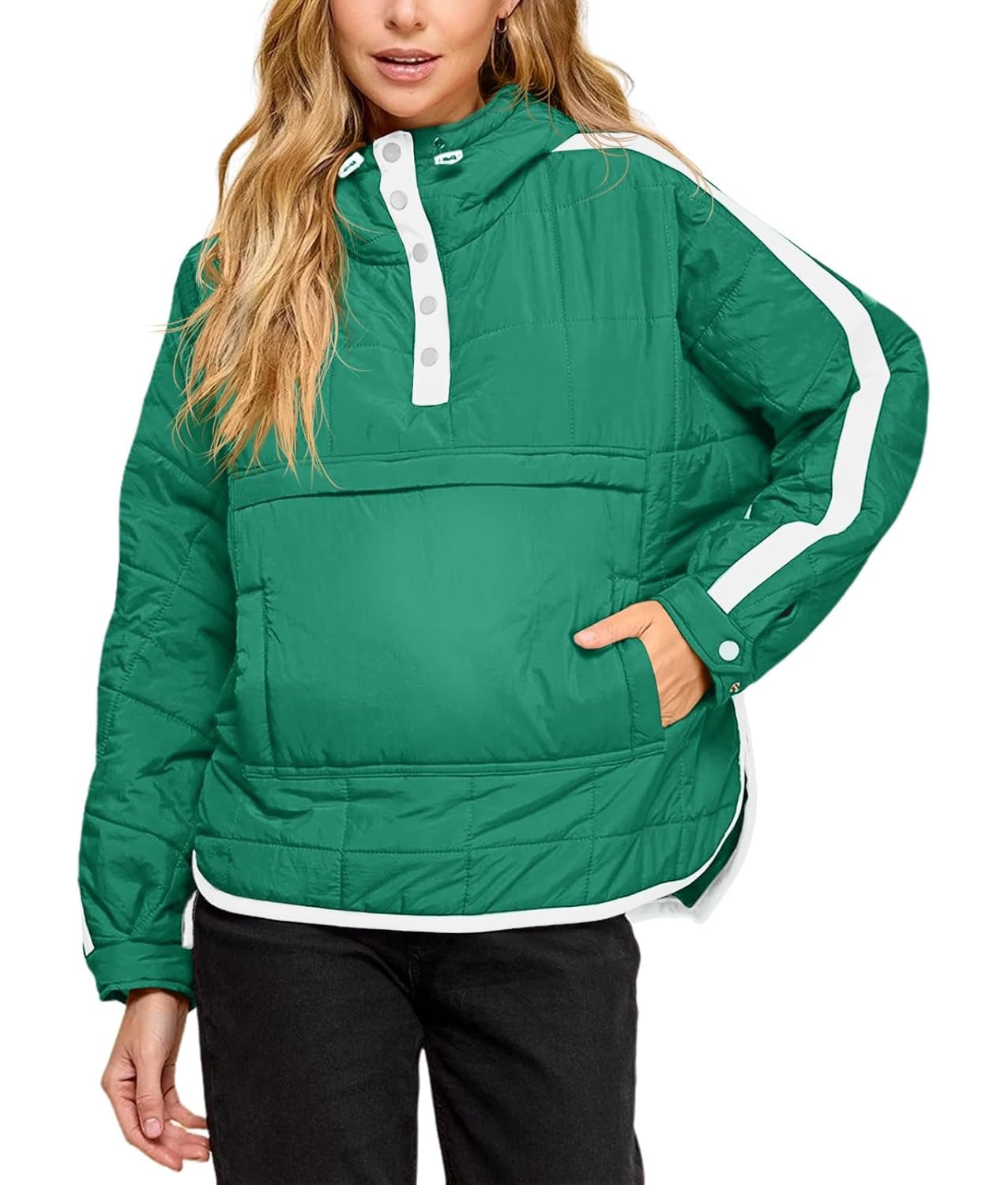 Women's Puffer Quilted Color Block Puffy Pocket Hoodie Jacket